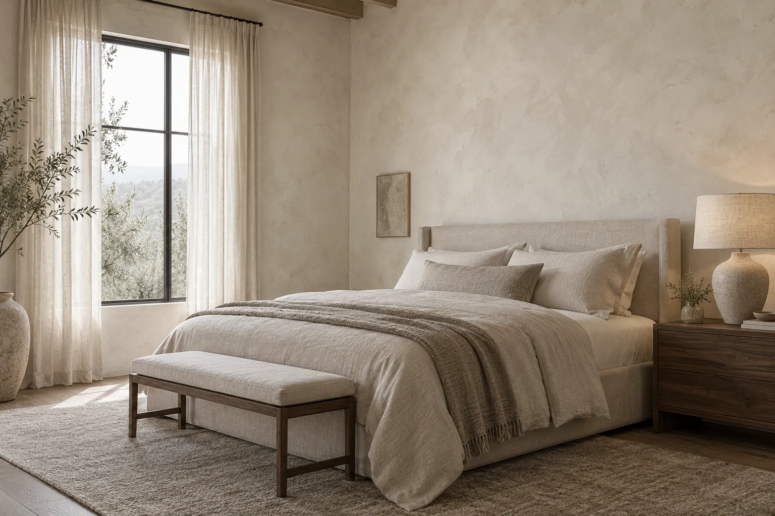 Bedroom with walls in soft putty-white limewash and linen bedding