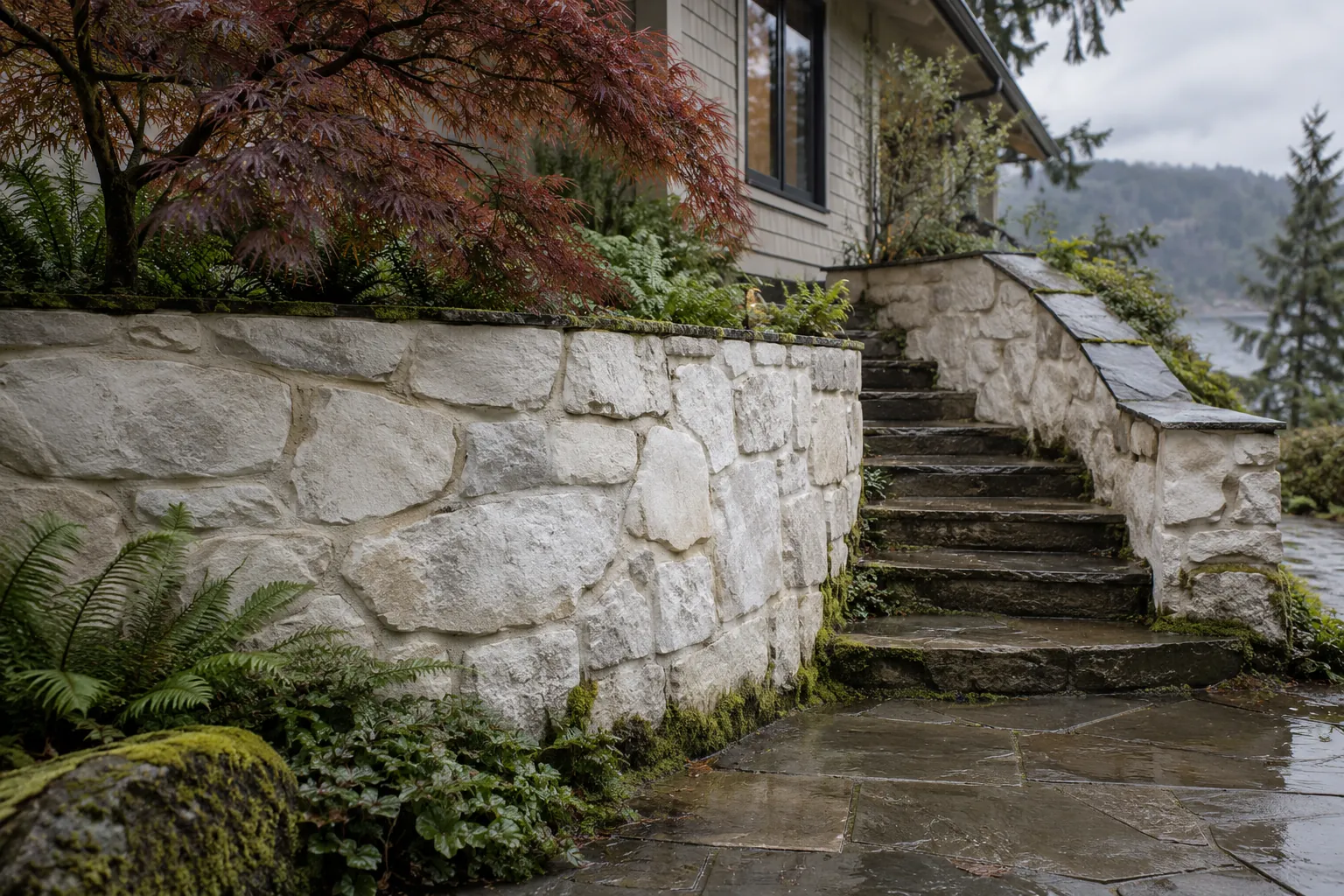 Fieldstone retaining wall limewashed bone white