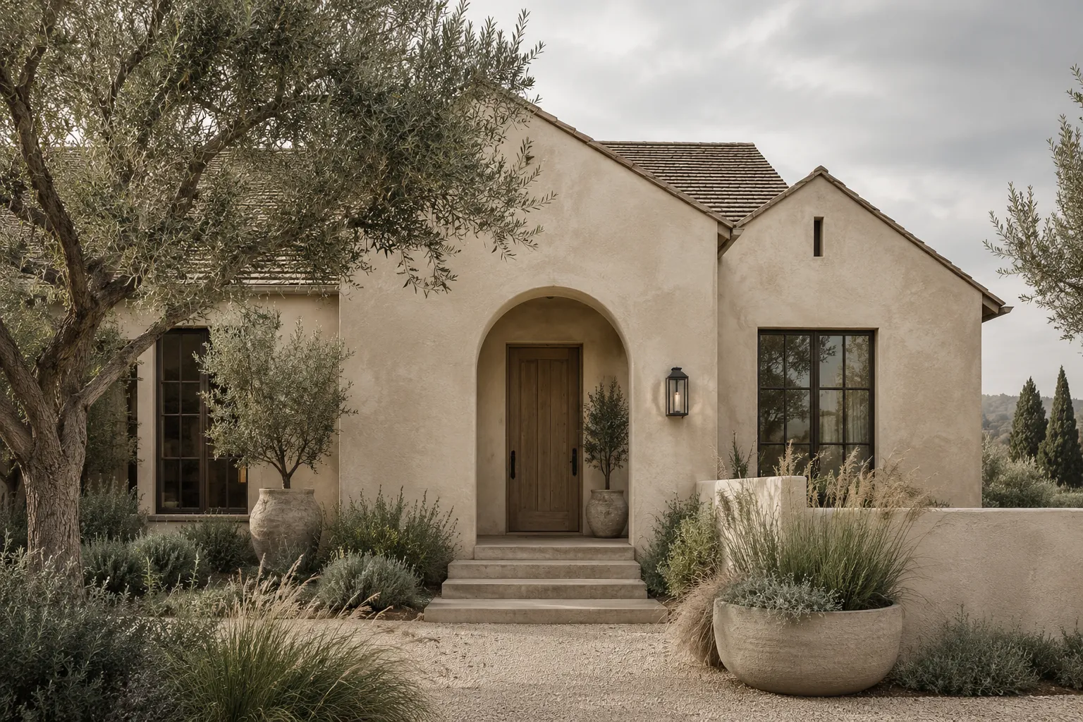 Single-story stucco house finished in warm sand-colored limewash