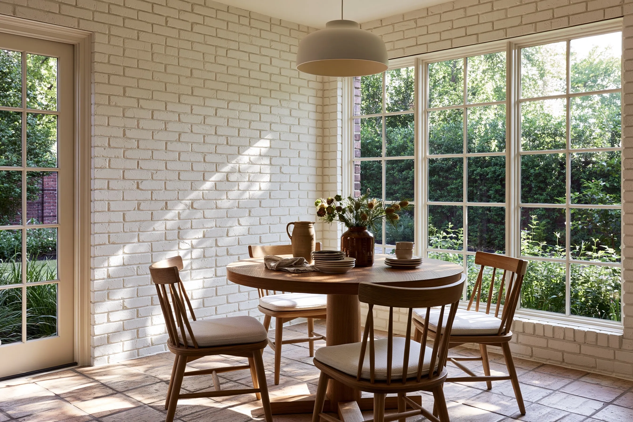 Breakfast nook with brick walls limewashed in warm white, a round wooden table, spindle chairs, tall windows and a tile floor