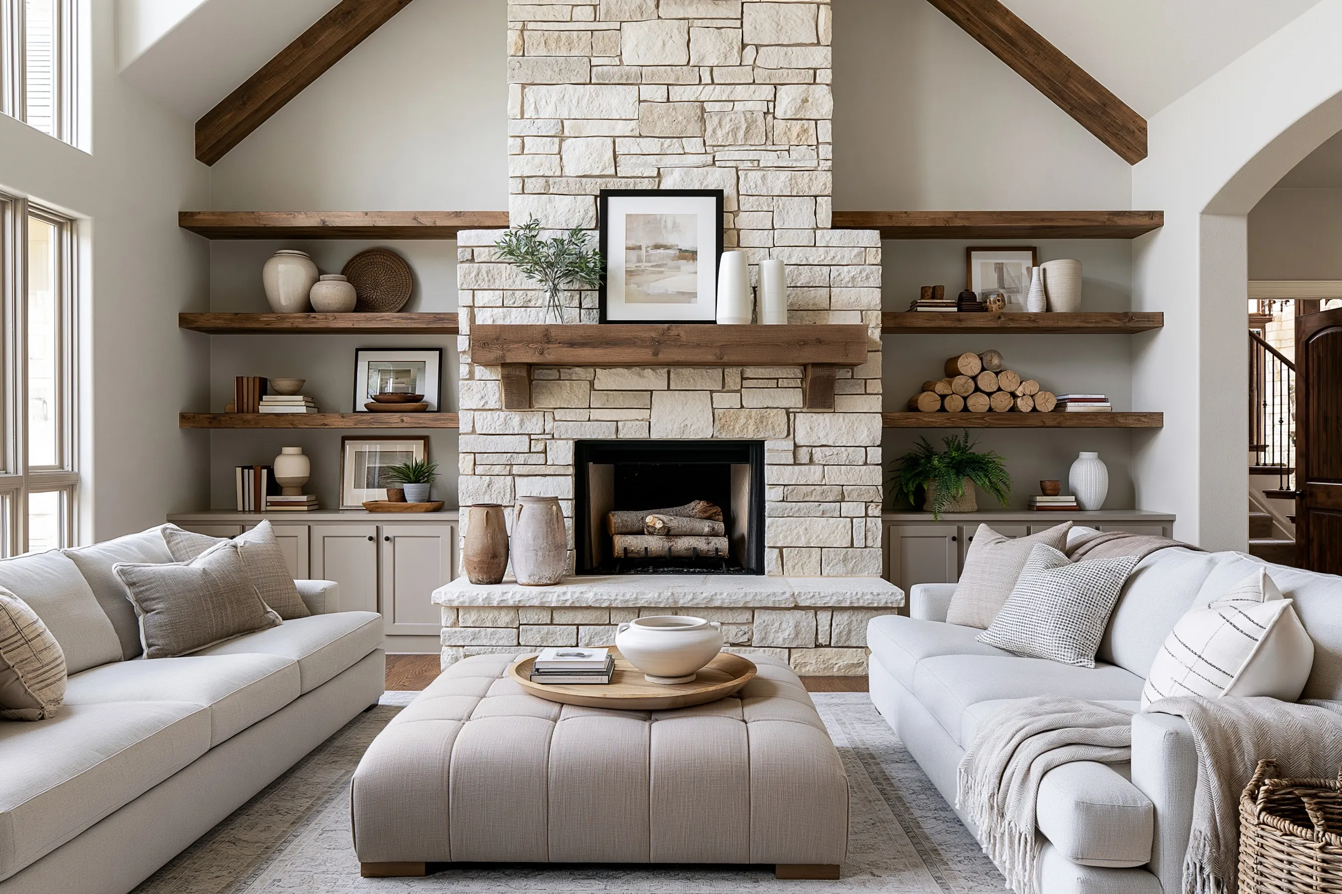 Vaulted living room with a floor-to-ceiling stacked limestone fireplace in pale limewash, a wood beam mantel and floating wood shelves