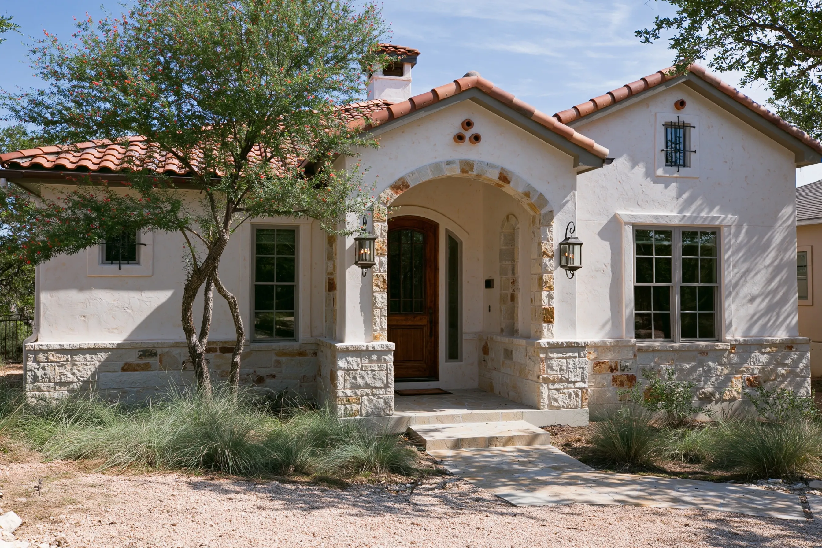 Single-story stucco house limewashed in warm off-white above a limestone base, with a limestone entry arch and a clay tile roof